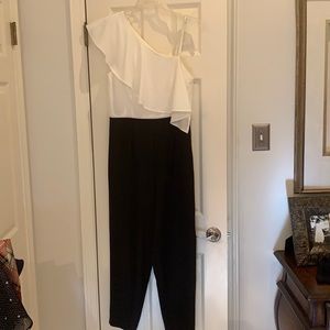 B&W jumpsuit with ruffle top
